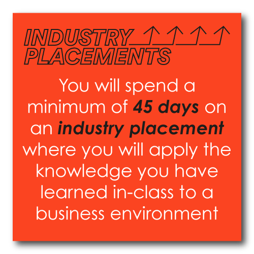 Industry Placements: You will spend a minimum of 45 days on an industry placement where you will apply the knowledge you have learned in class to a business environment